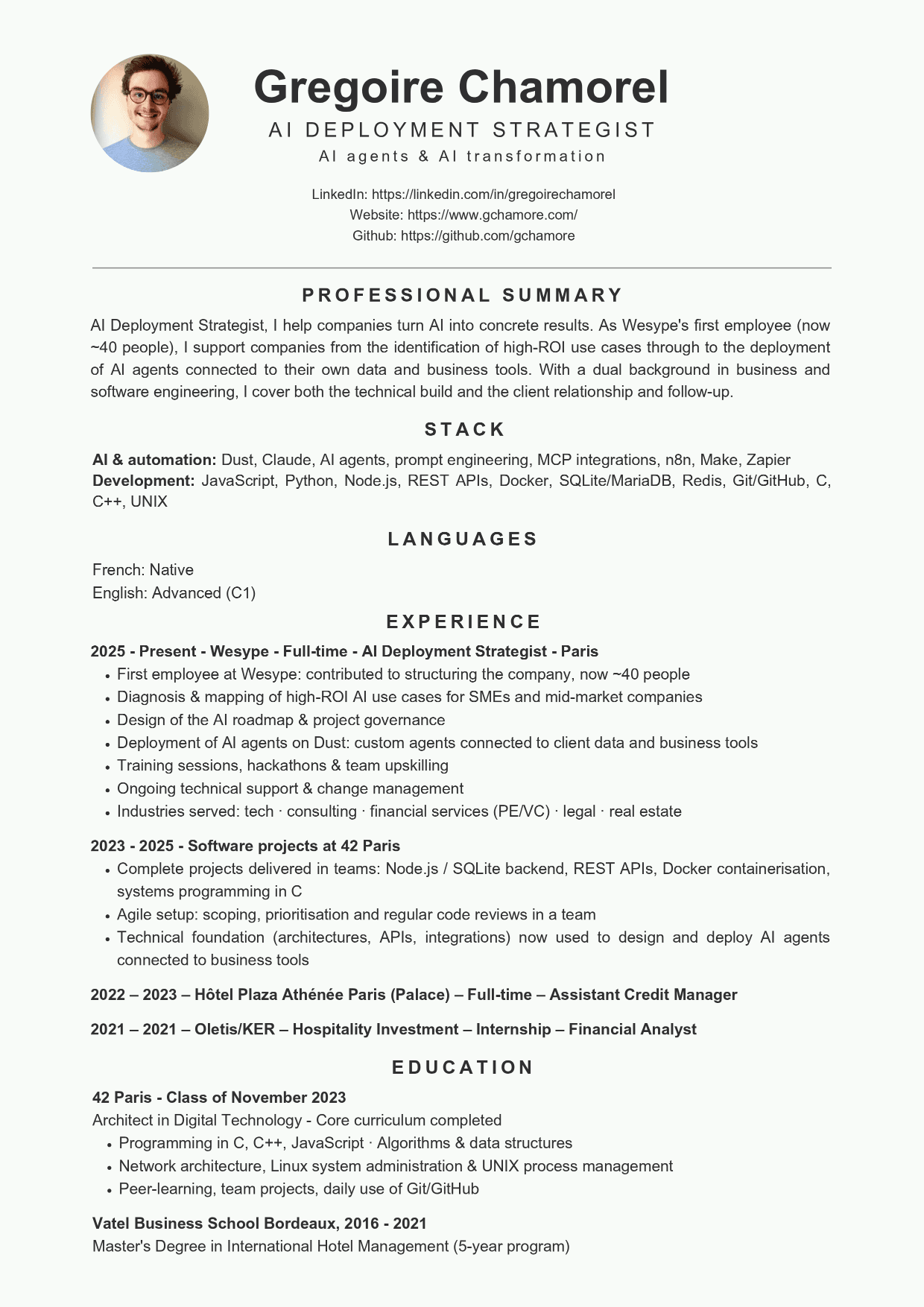 Preview of Grégoire Chamorel's CV