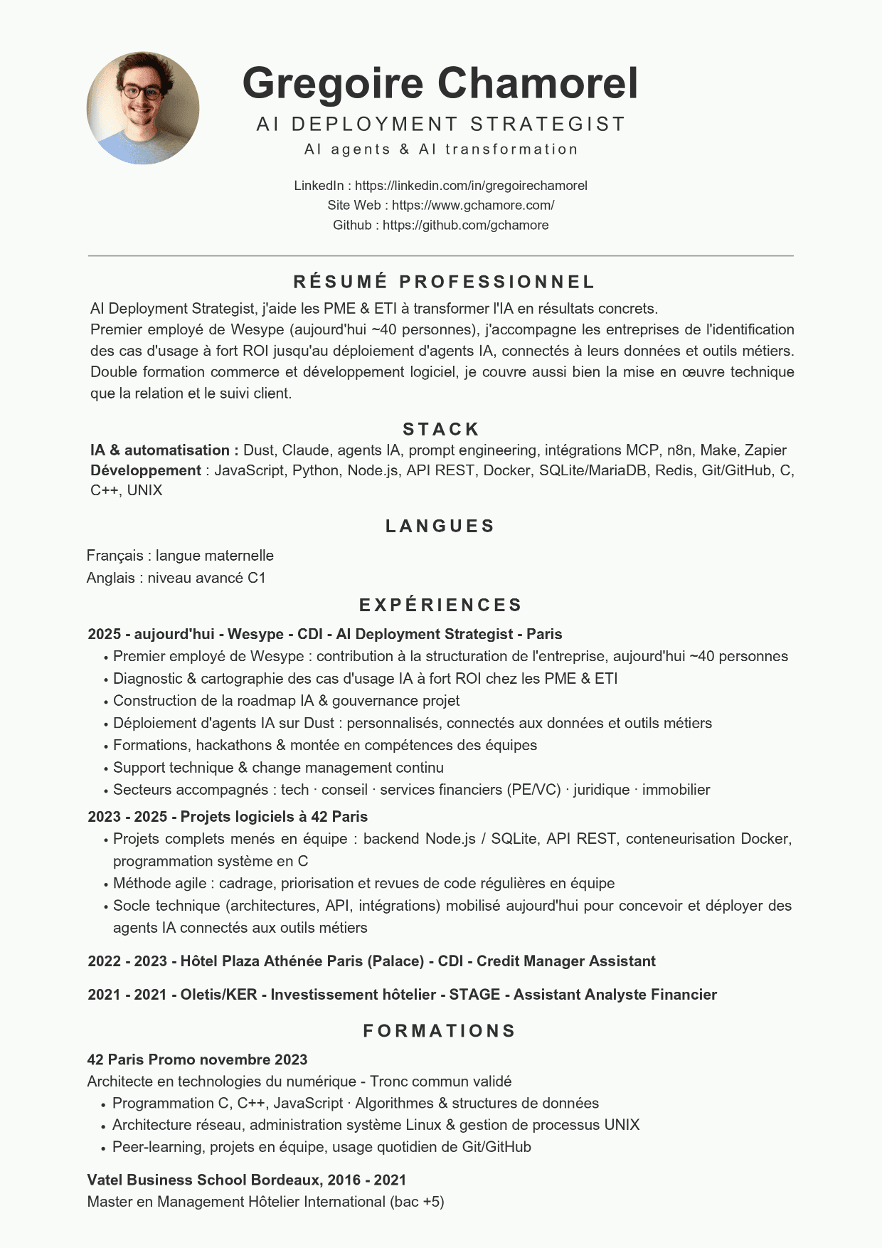 Aperçu du CV de Grégoire Chamorel