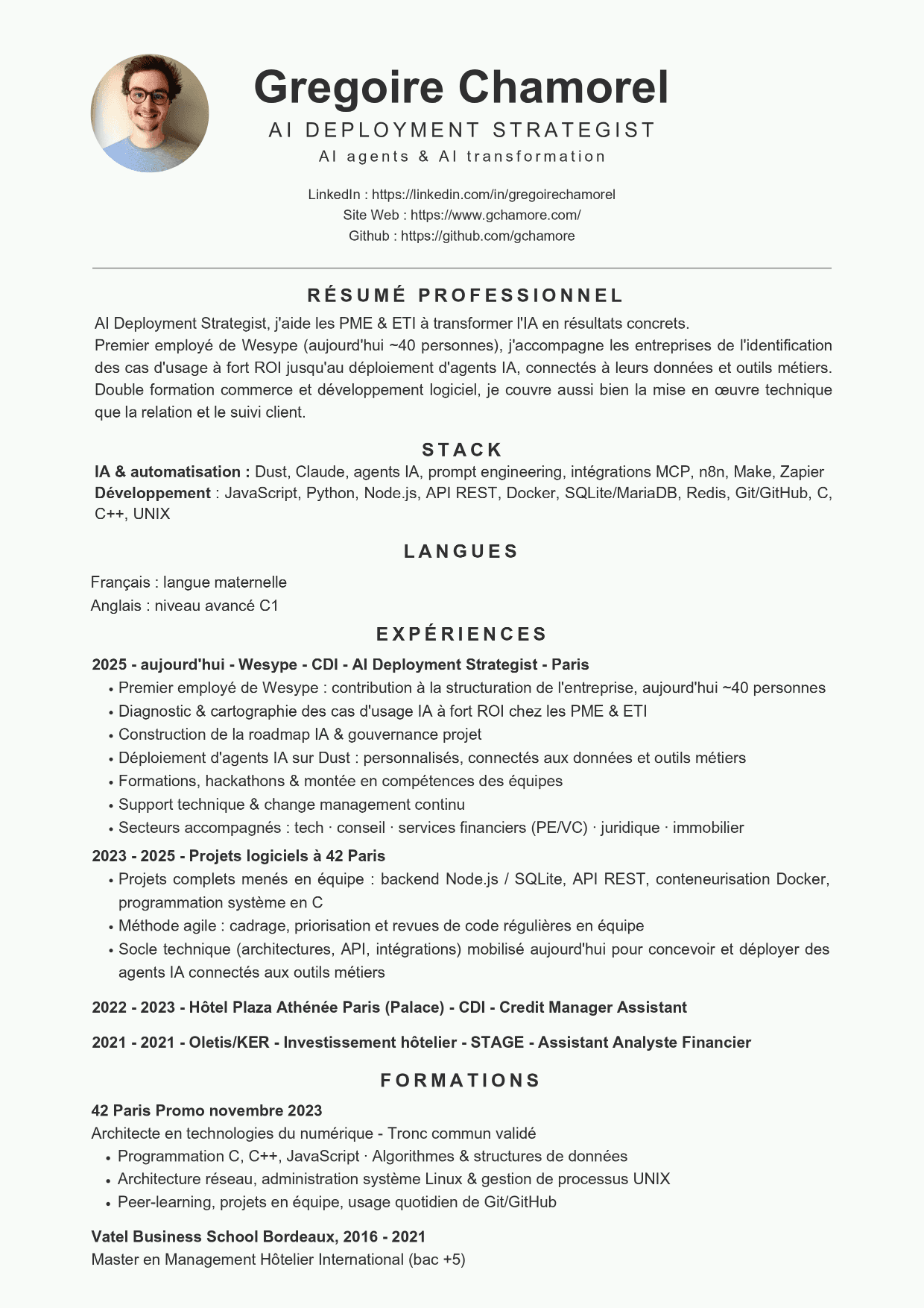 Aperçu du CV de Grégoire Chamorel